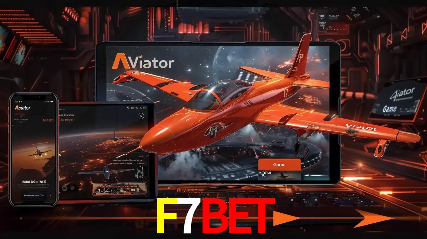Apresentação tecnológica do jogo Aviator com um avião saindo da tela de um tablet, demonstrando a experiência imersiva em múltiplos dispositivos no F7BET.