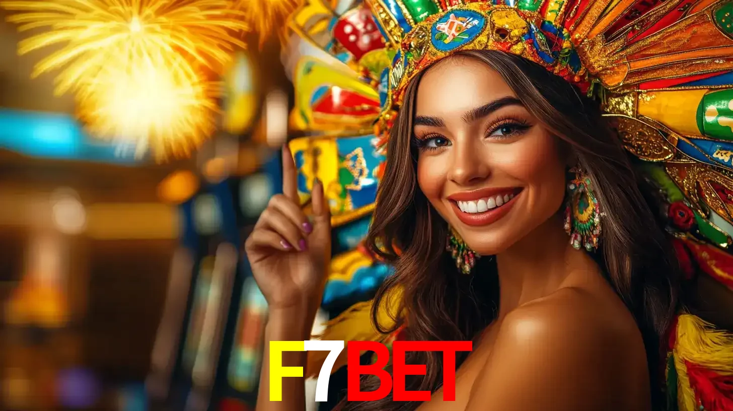 Mulher sorridente com um cocar de carnaval vibrante e colorido, celebrando uma grande vitória nos jogos do cassino F7BET com fogos de artifício ao fundo.
