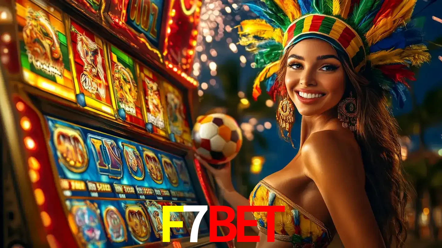Mulher com um cocar de carnaval ao lado de uma máquina de caça-níqueis enquanto segura uma bola de futebol, mostrando a união da diversão de cassino e esportes no F7BET.