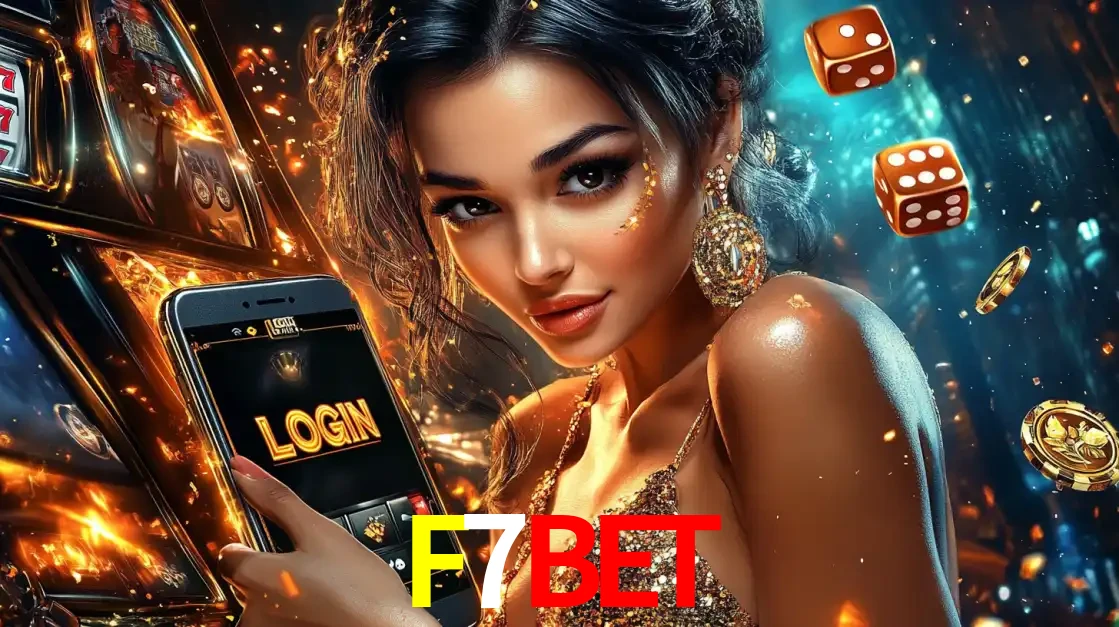 Mulher glamourosa segurando um celular com a tela de login do cassino F7BET, rodeada por dados e moedas douradas, pronta para começar a diversão.
