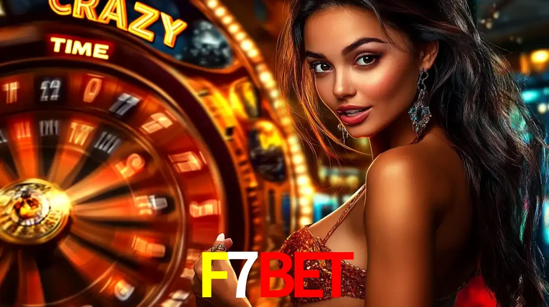 Mulher ao lado da roda de prêmios do jogo de cassino ao vivo Crazy Time, um dos shows de jogos mais emocionantes oferecidos pela plataforma de apostas F7BET.