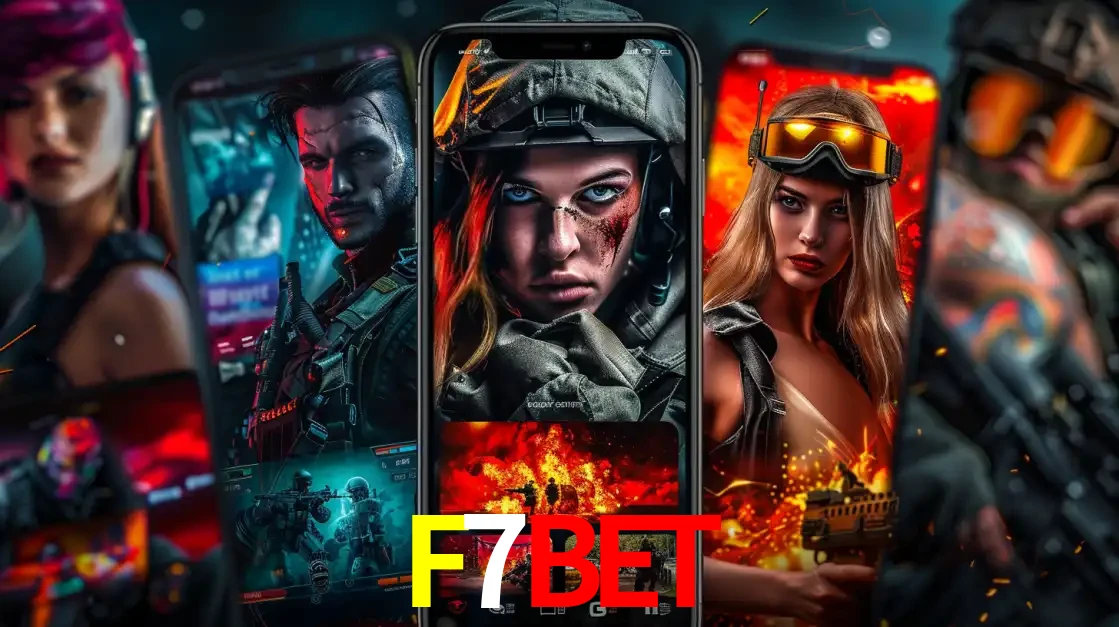 Montagem de telas de celular mostrando diversos personagens, masculinos e femininos, de um jogo de tiro, ilustrando a diversidade de equipes de e-sports para apostar no F7BET.