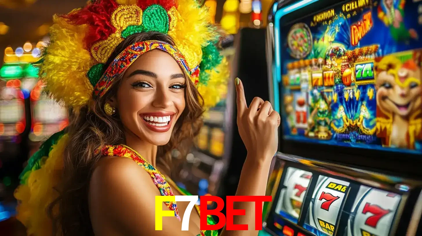Mulher animada com um cocar de carnaval apontando para uma máquina de caça-níqueis, mostrando a emoção de ganhar um grande prêmio nos jogos do F7BET.