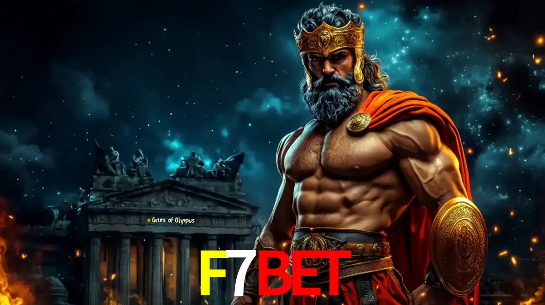 O poderoso Zeus do jogo de slot Gates of Olympus em frente ao seu templo, pronto para lançar multiplicadores divinos e prêmios épicos no cassino online F7BET.