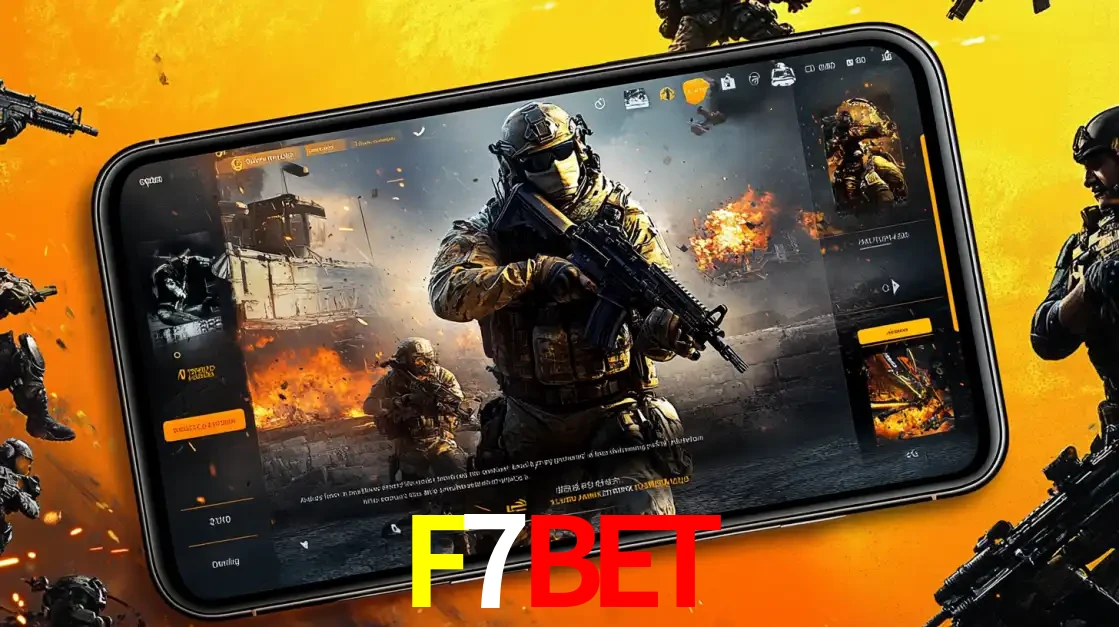 Um smartphone exibindo a interface de um jogo de tiro em primeira pessoa, com um soldado em um cenário de batalha, representando a ação dos e-sports para apostar no F7BET.