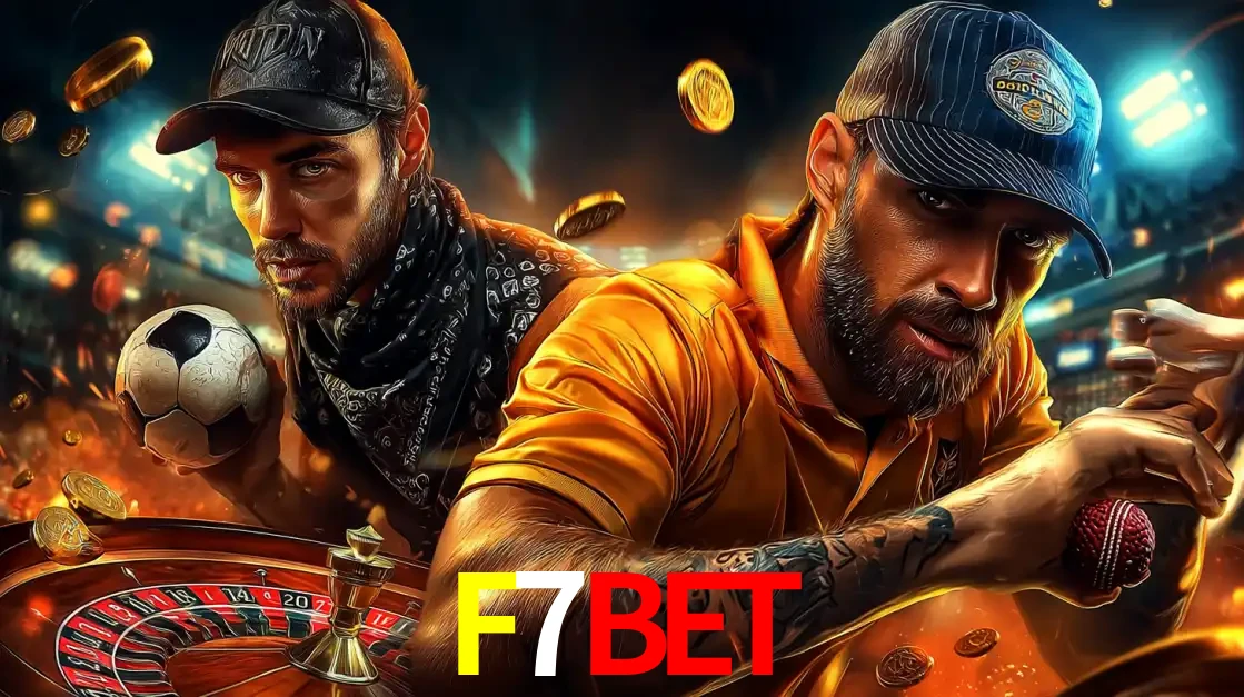 Montagem de apostas esportivas e cassino no F7BET, com um homem segurando uma bola de futebol e outro uma de beisebol sobre uma roleta e moedas voadoras.