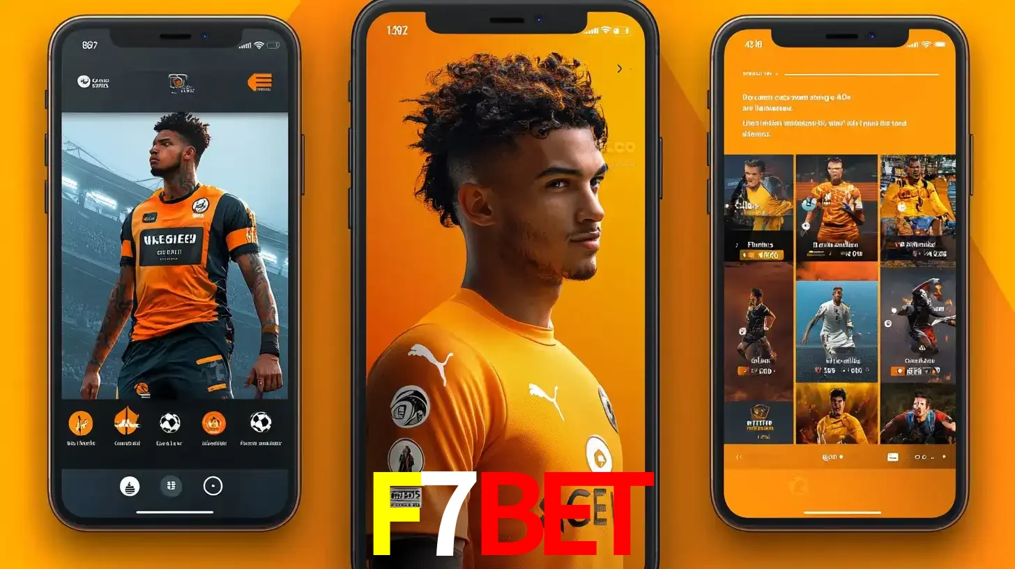 Interface do aplicativo de apostas esportivas F7BET em três telas de celular, mostrando o perfil de um jogador de futebol e a lista de jogos disponíveis para apostar.