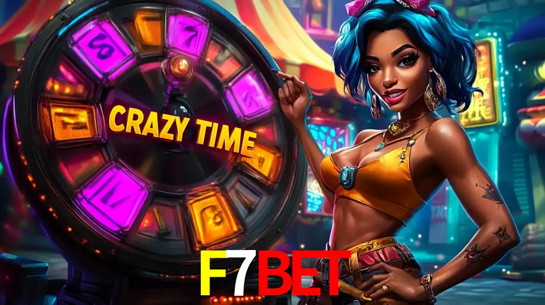 Mulher estilizada com cabelo azul e visual vibrante posando ao lado da roda de prêmios do game show Crazy Time, convidando para a diversão e os bônus do cassino F7BET.