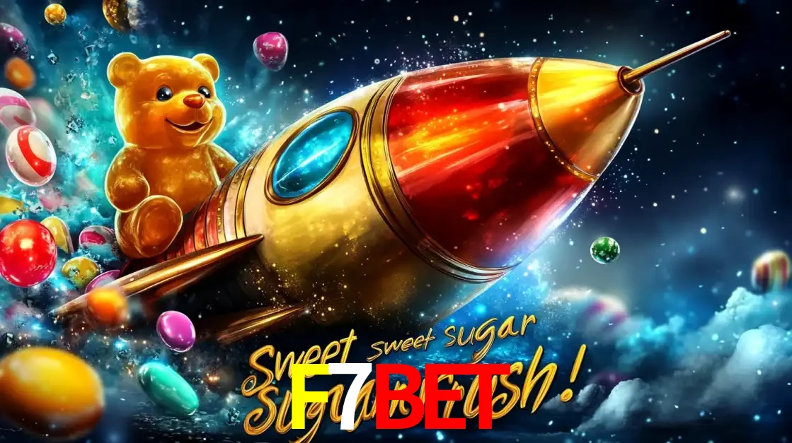 Arte promocional do jogo de slot Sugar Rush, com um urso de pelúcia em um foguete viajando pelo espaço de doces, um dos jogos divertidos disponíveis no cassino F7BET.