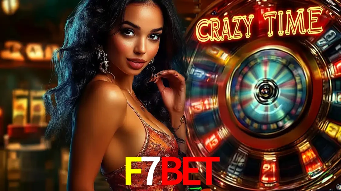 Mulher elegante ao lado da vibrante roda da fortuna do jogo de cassino ao vivo Crazy Time, um dos game shows mais populares e cheios de prêmios do F7BET.