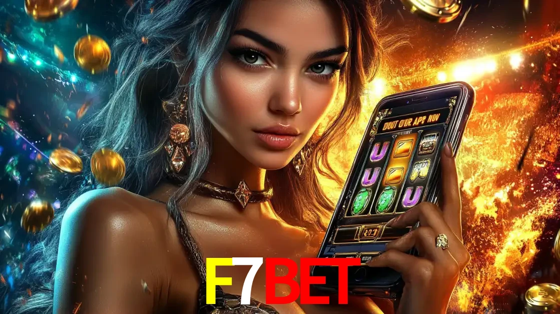 Mulher elegante mostrando um jogo de caça-níqueis em seu smartphone, destacando a experiência de cassino móvel oferecida pelo aplicativo F7BET.
