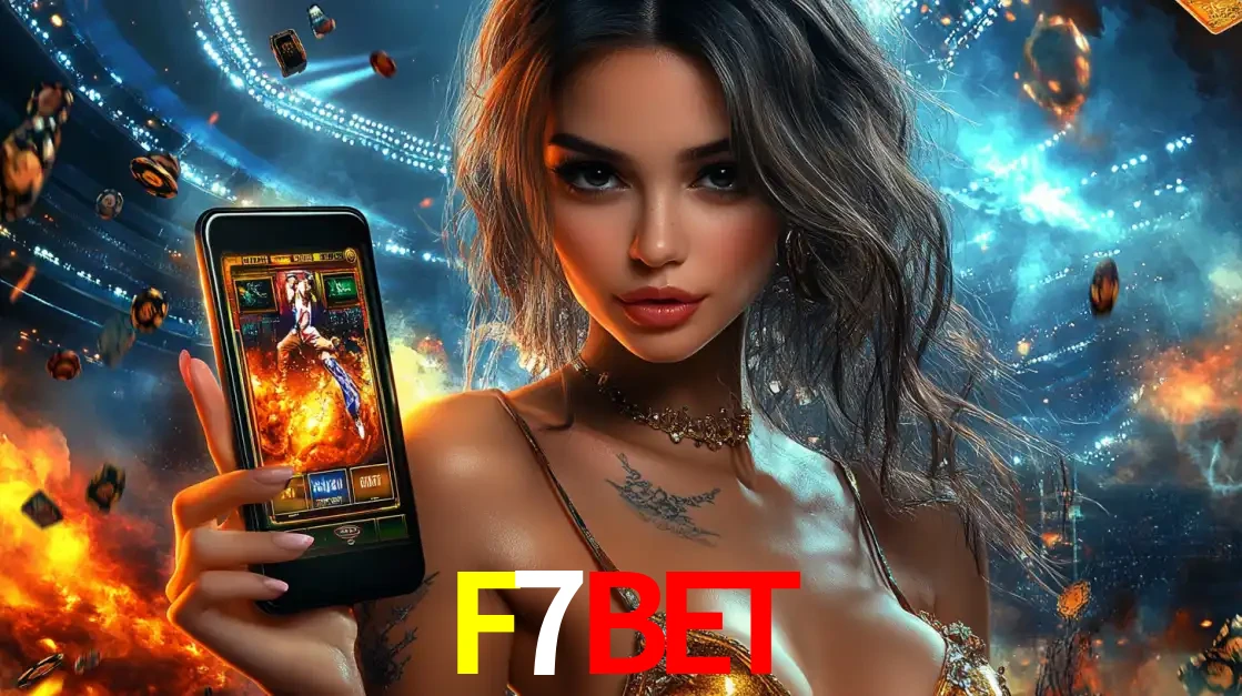 Mulher segurando um celular com um jogo de slot em destaque, tendo como fundo um estádio vibrante, simbolizando a emoção de jogar no cassino móvel F7BET.