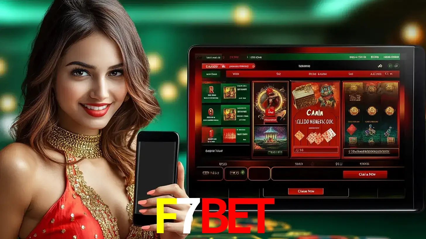 Mulher sorridente segurando um smartphone, ao lado de uma tela exibindo o lobby de jogos do cassino online F7BET, com várias opções de jogos de cartas e slots.